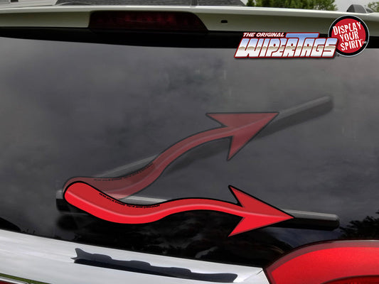 Red Devil's Tail WiperTag attached to vehicle rear wiper, product photo 1 of 4