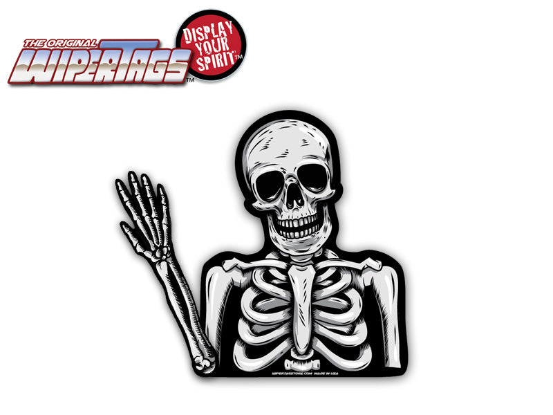 Skully the Waving Dead Skeleton WiperTag attached to vehicle rear wiper, product photo 3 of 4
