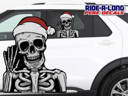 Skeleton Santa Ride-A-Long perforated window decal, skeleton in Santa hat, product photo 1 of 2