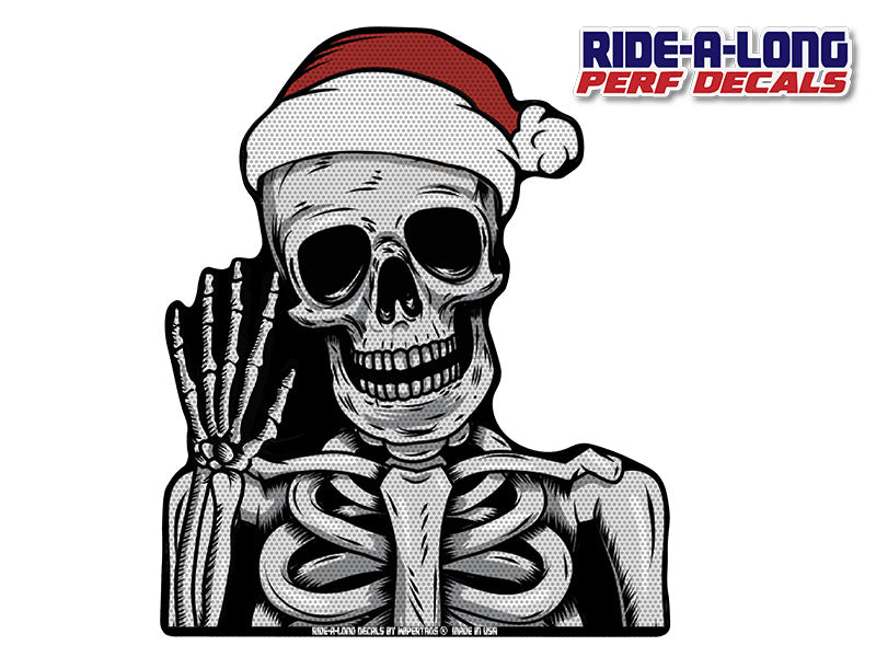 Skeleton Santa Ride-A-Long perforated window decal applied to vehicle window, product photo 2 of 2