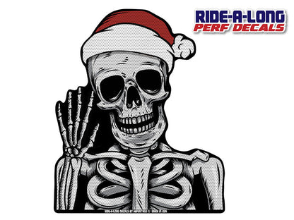 Skeleton Santa Ride-A-Long perforated window decal applied to vehicle window, product photo 2 of 2