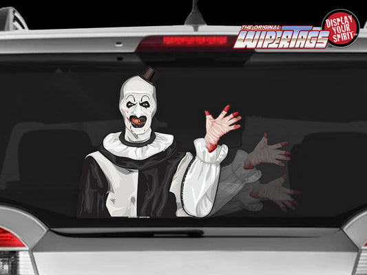 Terrifying Killer Clown WiperTag attached to vehicle rear wiper, product photo 2 of 5
