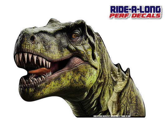 T-Rex Dinosaur Ride-A-Long perforated window decal applied to vehicle window, product photo 2 of 2